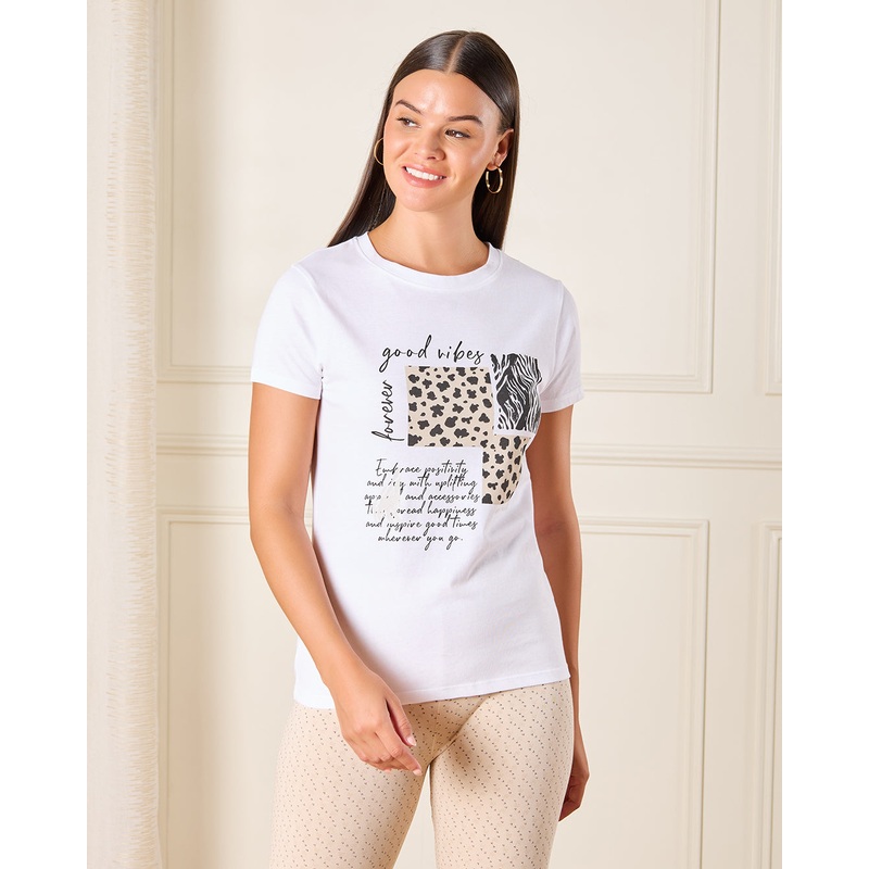 Women Whtie Good Vibes Printed T-Shirt