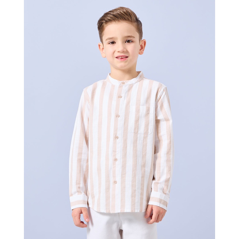 Boys Beige And White Striped Mandarin Collar Shirt