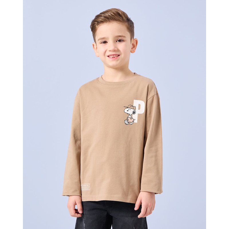 Boys Beige Snoopy Print T-Shirt