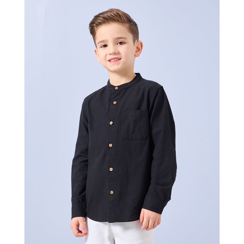 Boys Black Long Sleeve Mandarin Collar Shirt