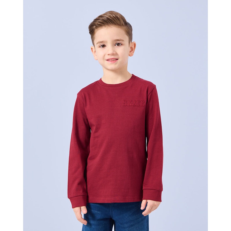 Boys Burgundy Embroidered Long Sleeve T-Shirt