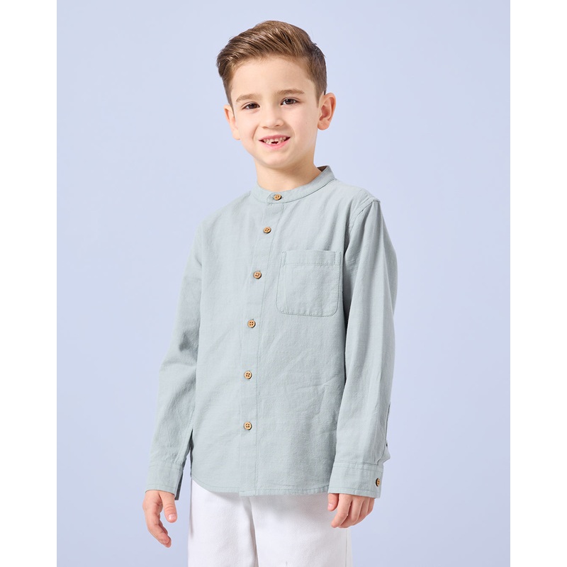 Boys Green Long Sleeve Mandarin Collar Shirt