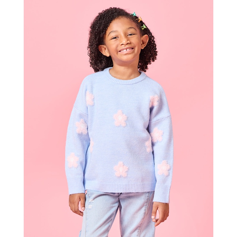 Girls Blue Flower Jacquard Pullover