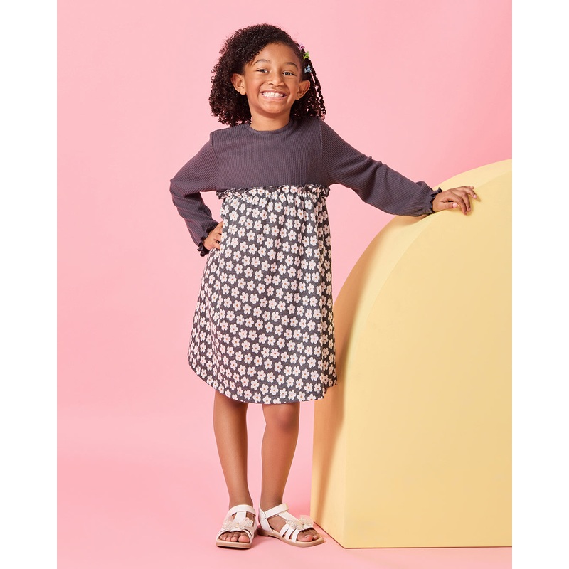 Girls Charcoal Printed Dress|2-3 Years|3-4 Years|4-5 Years|5-6 Years|6-7 Years|7-8 Years