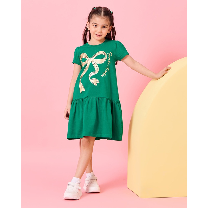 Girls Green Bow Placement Print Dress