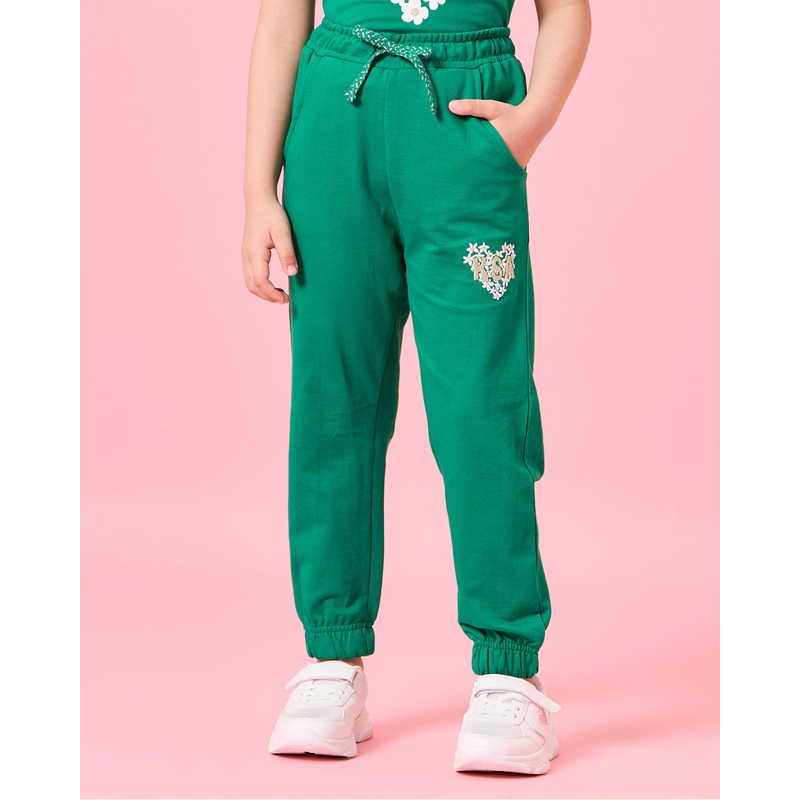 Girls Green Love KSA Embroidered Active Track Pants