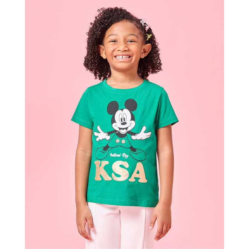 Girls Green Mickey KSA Print T-Shirt
