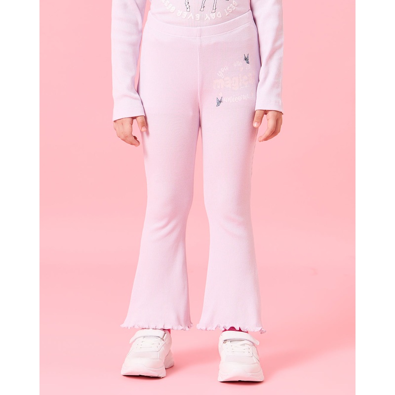 Girls Pink Placement Print Flared  Leggings
