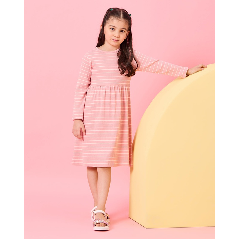 Girls Pink Striped Dress Set (Pack of 2)