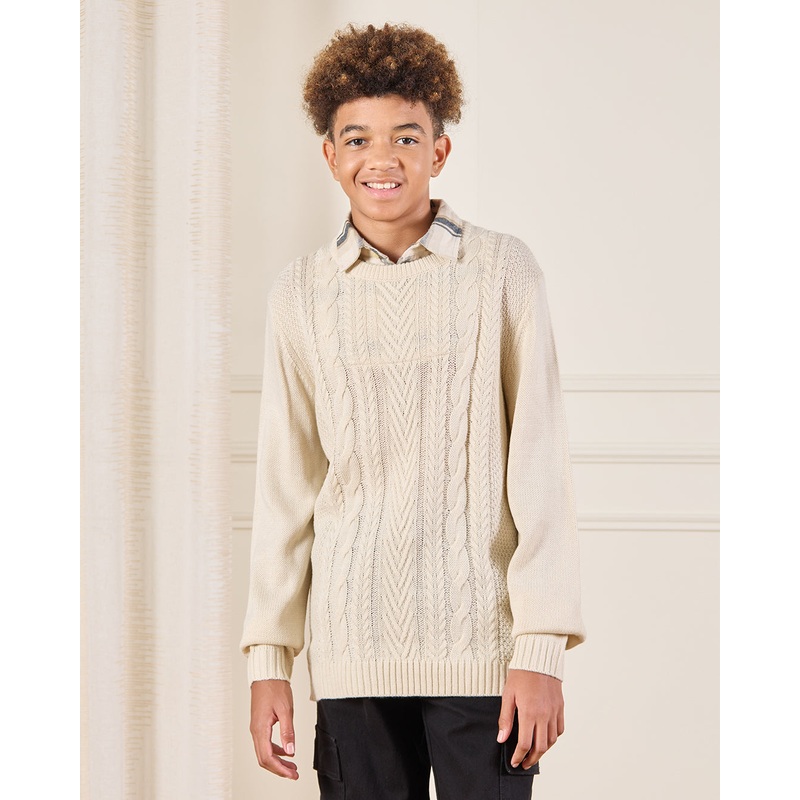 Senior Boys Beige Cable Knitted Collared Pullover