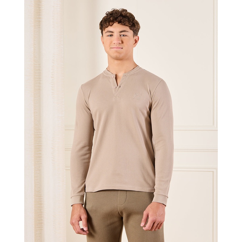 Senior Boys Beige Long Sleeve Henley T-Shirt