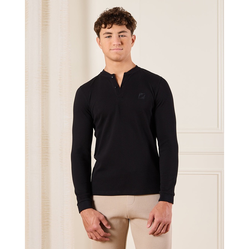 Senior Boys Black Long Sleeve Henley T-Shirt