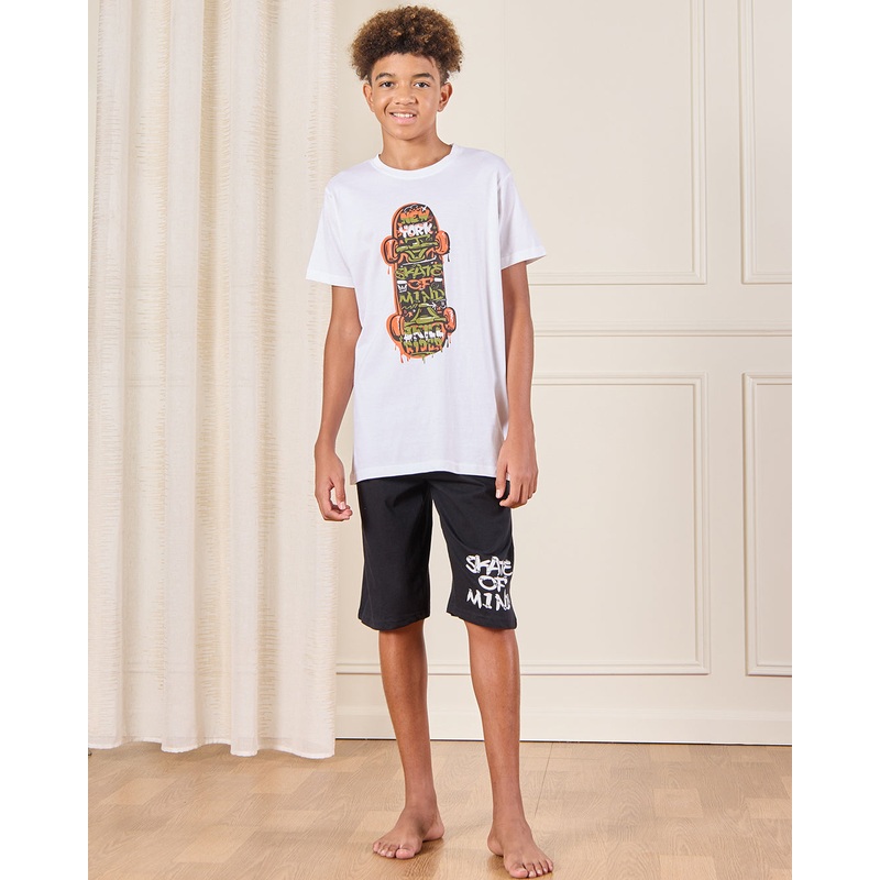 Senior Boys White Printed  Pyjama Set (2 Piece)