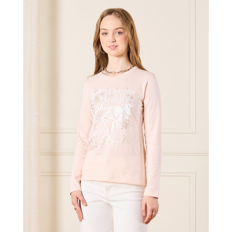Senior Girls Beige Bow Print T-Shirt
