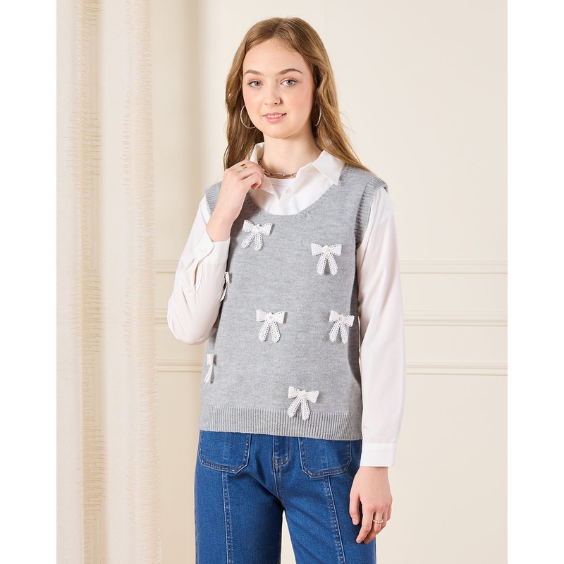 Senior Girls Grey Twofer Pullover With Bow