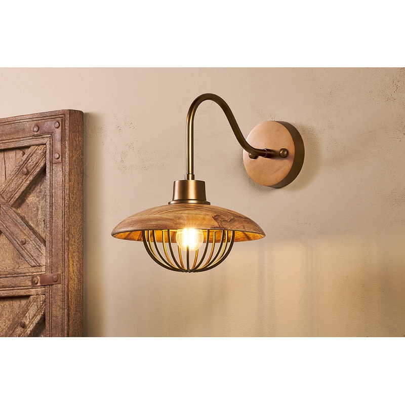 Chakai Mango Wood Wall Lamp – Natural & Antique Brass
