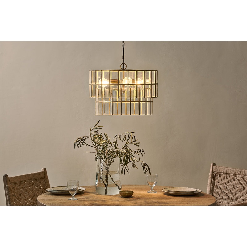 Kirindi Glass Panelled Chandelier – Clear & Antique Brass