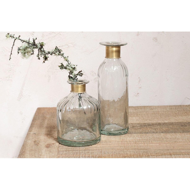 Chara Hammered Bottle – Lines|Clear Glass & Antique Brass|Small 15 x 11cm (dia)|Large 24 x 8cm (dia)