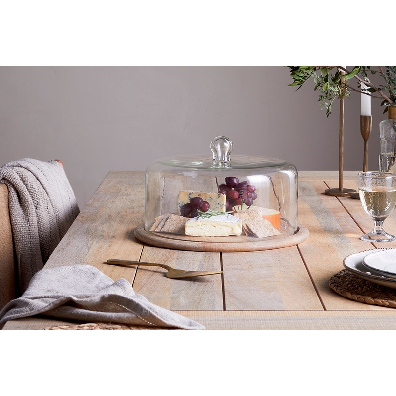 Recycled Glass Cake Dome|Clear Glass & Mango Wood|23 x 34cm (dia)
