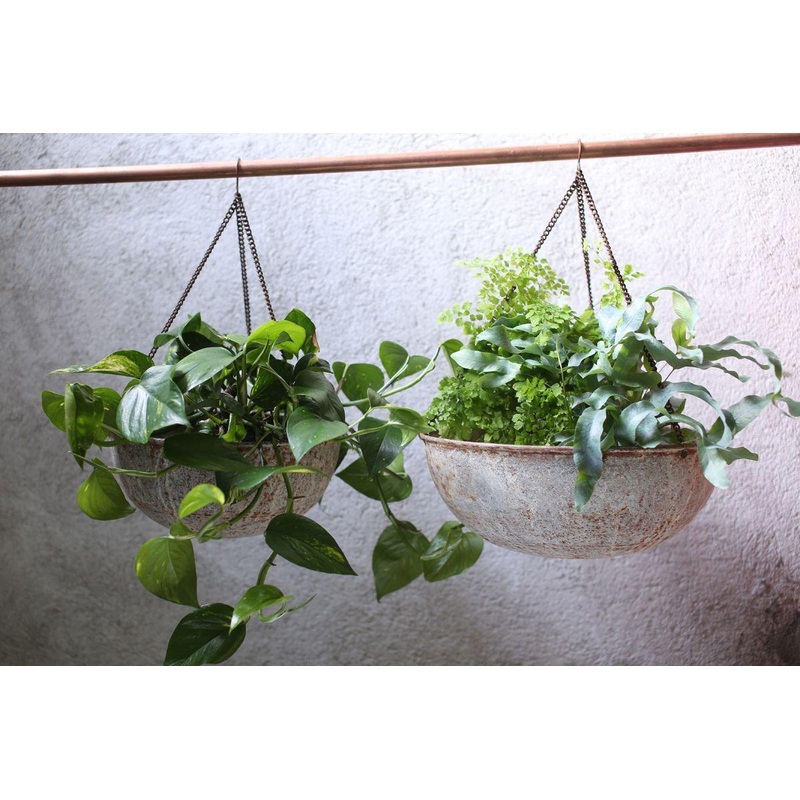 Abari Round Hanging Planter|Aged Zinc|Small 15 x 32cm (dia)|Large 16 x 39.5cm (dia)