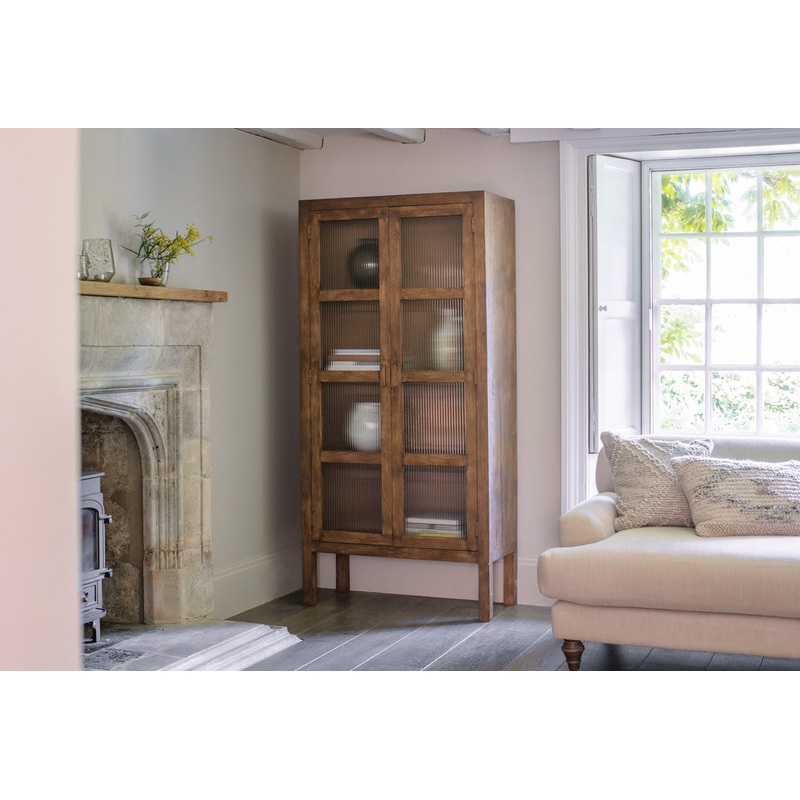 Mendani Mango Wood & Fluted Glass Cabinet – Walnut Stain