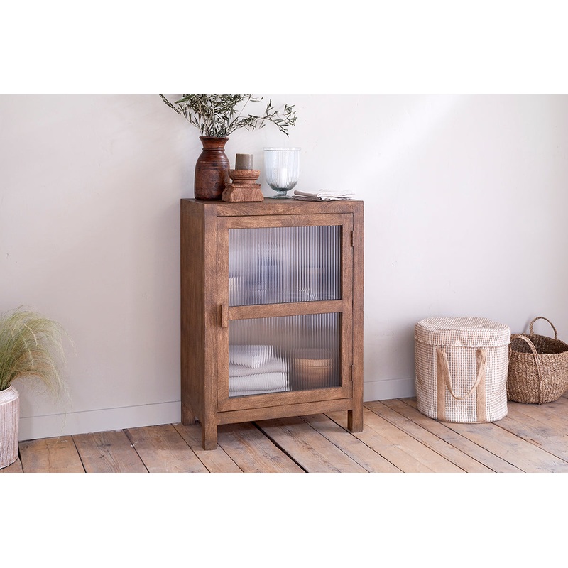 Mendani Mango Wood & Fluted Glass Glass Low Cabinet – Walnut Stain